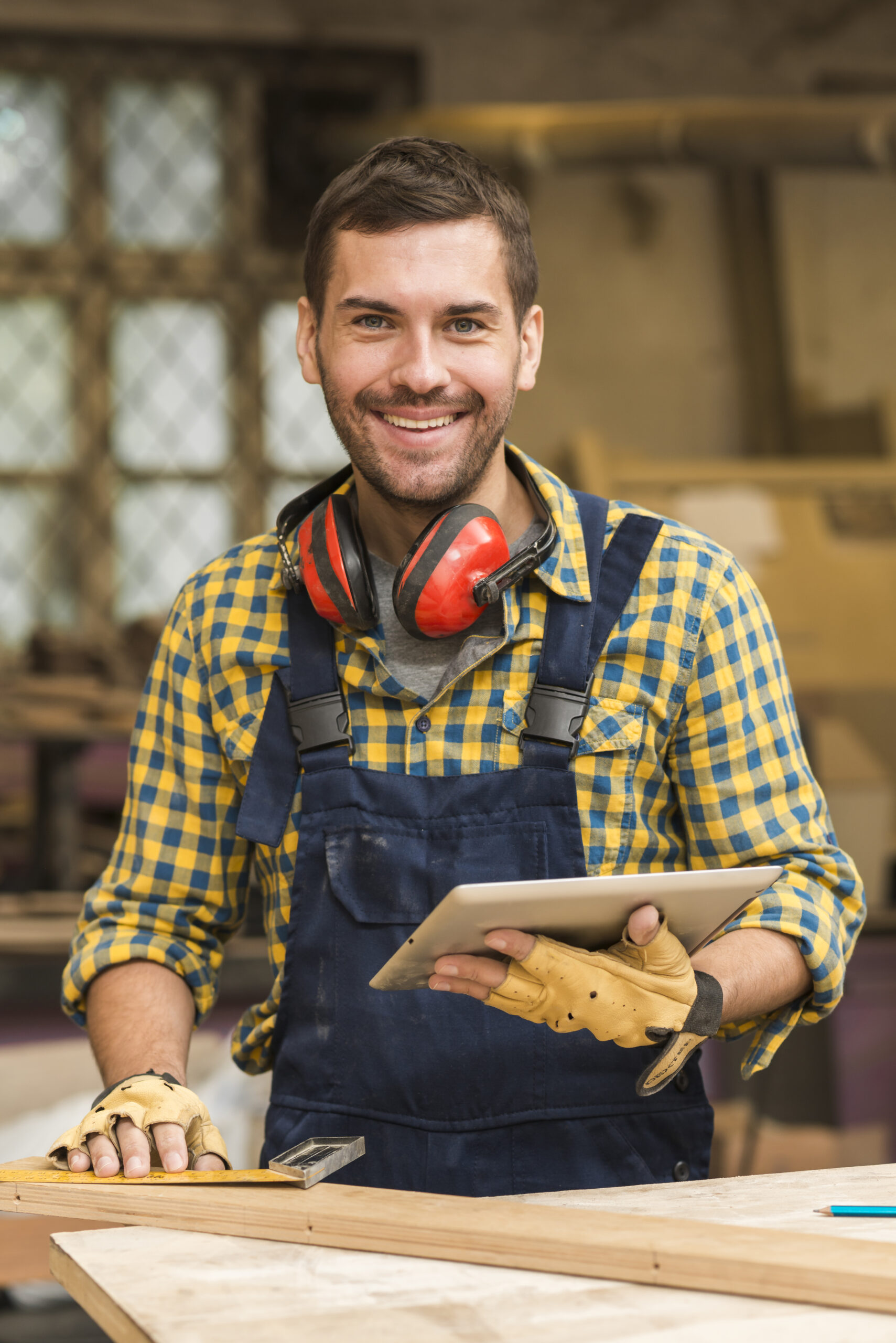 portrait smiling male carpenter holding digital tablet hand looking camera scaled