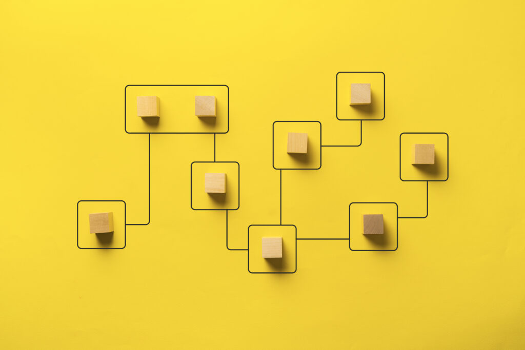 business logic algorithm lines connect wooden cubes creative concept